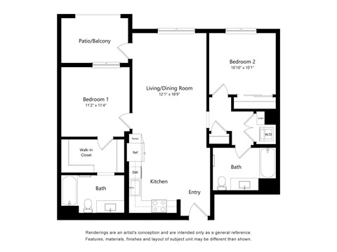 Floor plan for 2 beds, 2 baths, 1023 sqft